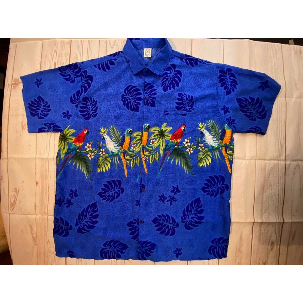 Rina Mens Hawaiian Blue Button Down Shirt Parrots  Tropical Birds Sz XL